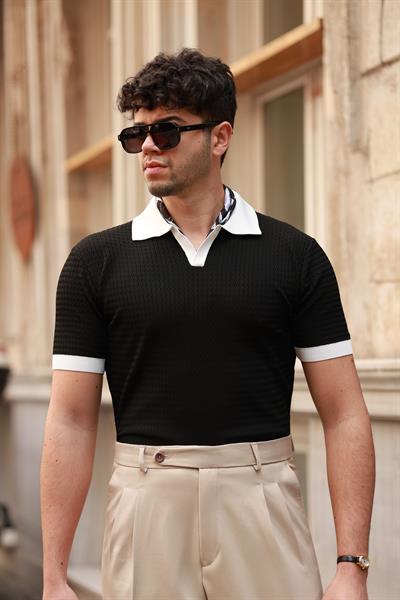 Premium Kalite İtalyan Yaka Siyah Regular Fit Triko