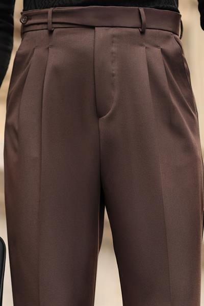 1.Kalite Kahverengi Çift Pileli Kemer Detaylı Casual Baggy Pantolon