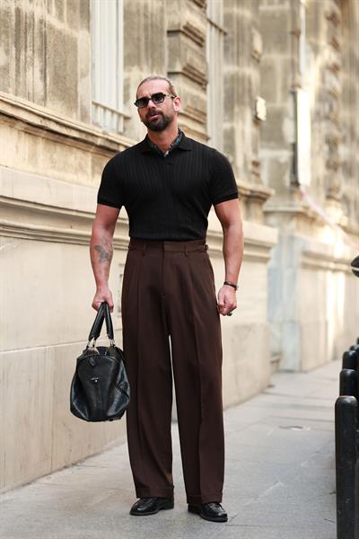 1. Kalite Kahverengi Çift Pileli Yüksek Bel Yandan Kanca Detay Pantolon