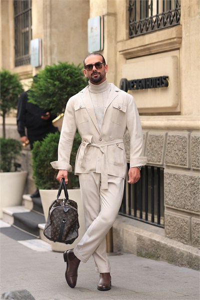 Premium Kalite Bej Oversize %100 Pamuk Tensel Kemer Detaylı Ceket