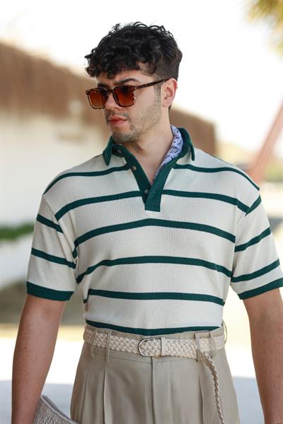 Premium Kalite Zümrüt Yeşili Şerit Detay %70 Pamuk %30 Keten Relax Fit Triko