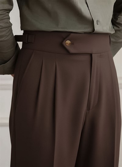 1. Kalite Kahverengi Çift Pileli Belden Tek Düğme Detay İtalyan Style Pantolon