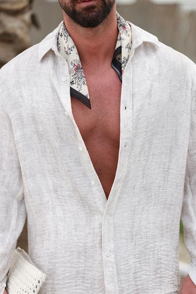 Premium Kalite Ekru %70 Saf Keten %30 Pamuk Oversize Keten Gömlek