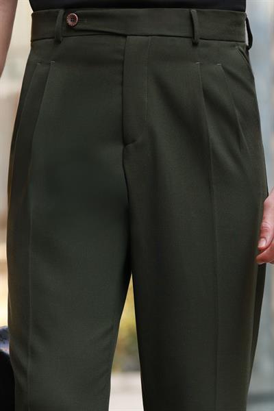 1. Kalite Haki İtalyan Style Çift Pileli Tek Düğme Detay Yüksek Bel Pantolon