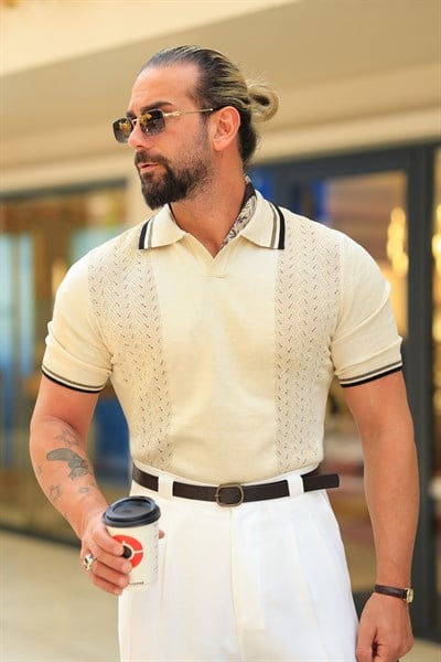 %100 Pamuk İtalyan Yaka Mokeren Bej Regular Fit Triko