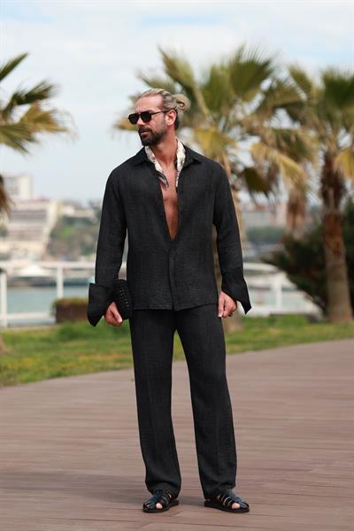 Premium Kalite Siyah %70 Saf Keten %30 Pamuk Oversize Keten Takım