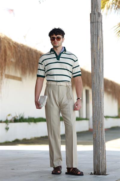 1. Kalite Çift Köprü Bej Keten Pantolon