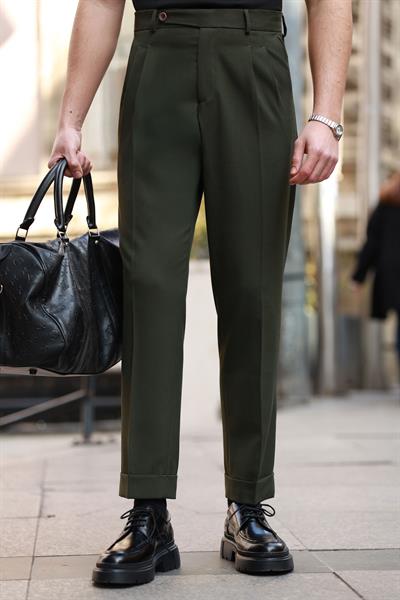 1. Kalite Haki İtalyan Style Çift Pileli Tek Düğme Detay Yüksek Bel Pantolon