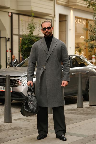 Premium Kalite Antrasit %90 Pamuk %10 Cashmere Oversize Kemer Detaylı Özel Tasarım Kaban