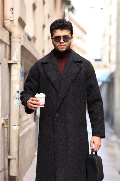 Premium Kalite Siyah %60 Yün %40 Pamuk Oversize Tek Düğme Detay Kaban