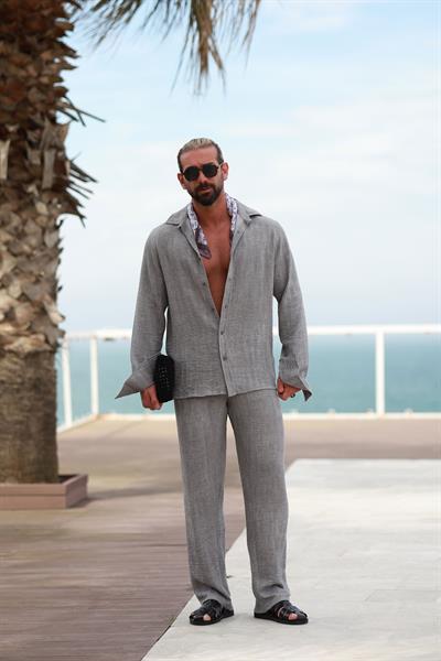 Premium Kalite Gri %70 Saf Keten %30 Pamuk Oversize Keten Takım