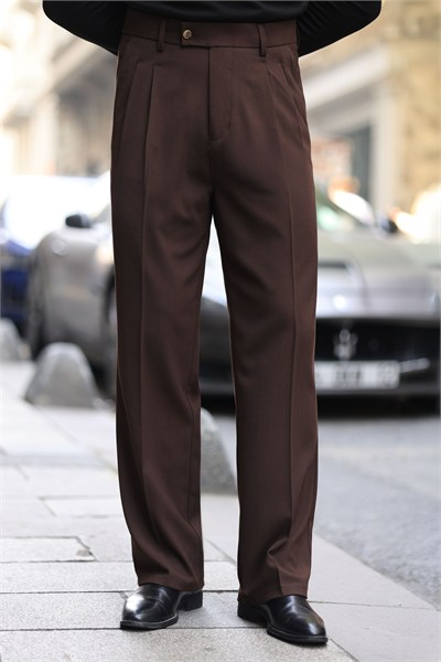 1.Kalite Kahverengi Tek Düğme Detay Çift Pileli Casual  Baggy Pantolon