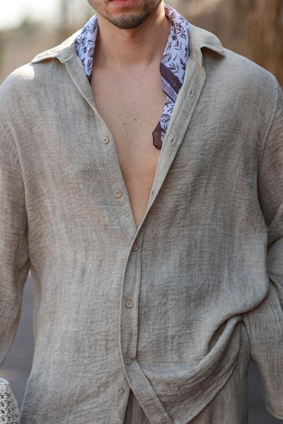 Premium Kalite Bej %70 Saf Keten %30 Pamuk Oversize Keten Takım