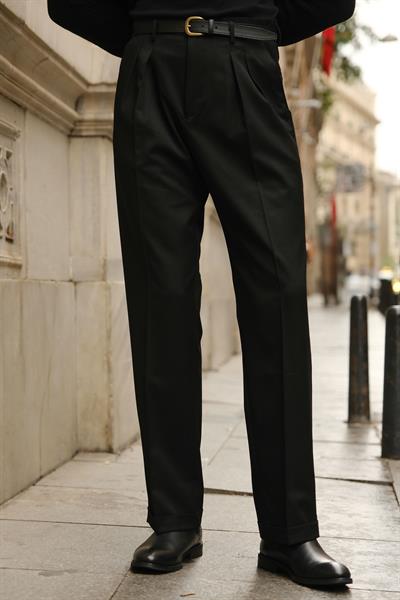 Premium Kalite Siyah İtalyan Style Double Paça Detay Yüksek Bel Pantolon