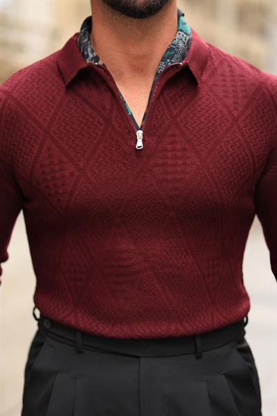 1.Kalite Bordo Fermuarlı Polo Yaka %100 Pamuk Etnik Desen Casual Triko