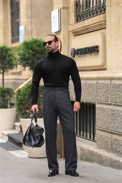 1.Kalite Antrasit Tek Düğme Detay Çift Pileli Casual  Baggy Pantolon