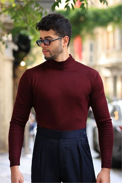 %100 Pamuk Bordo Basic Yarım Boğazlı Triko