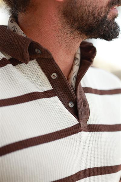 Premium Kalite Kahverengi Şerit Detay %70 Pamuk %30 Keten Relax Fit Triko