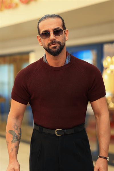 %100 Saf Pamuk Bisiklet Yaka Bordo Regular Fit Triko