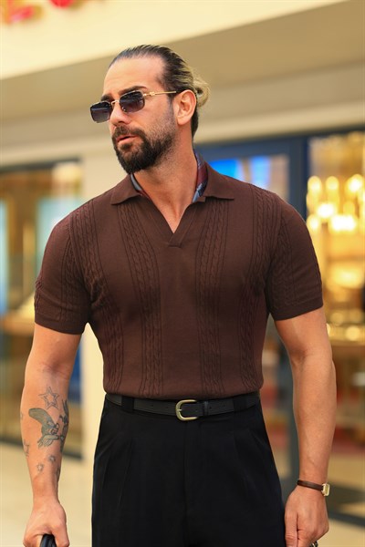 %100 Saf Pamuk Kahverengi Saç Örgü Desen Regular Fit Triko