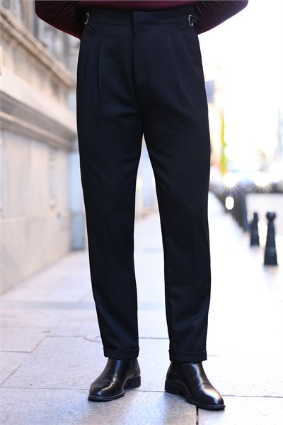 Premium Kalite Siyah İtalyan Kalıp Çift Toka Detay Tailor Style Pantolon