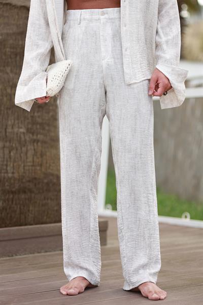 Premium Kalite Ekru %70 Saf Keten %30 Pamuk Oversize Keten Pantolon