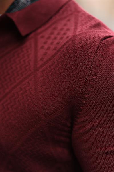 1.Kalite Bordo Fermuarlı Polo Yaka %100 Pamuk Etnik Desen Casual Triko