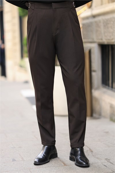 Premium Kalite Kahverengi İtalyan Kalıp Çift Toka Detay Tailor Style Pantolon