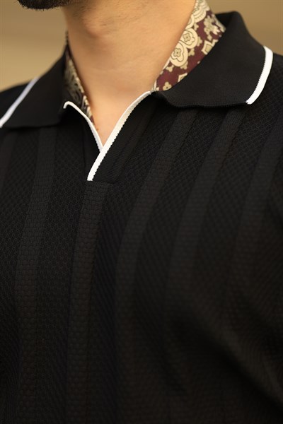 Premium Kalite Şerit Detaylı Siyah Regular Fit Triko