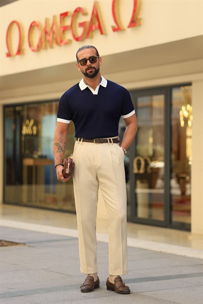 Premium Kalite Bej Rengi İtalyan Kalıp Çift Köprü Çift Pile Detay Yüksek Bel Pantolon