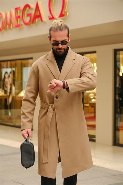Premium Kalite Koyu Bej %90 Pamuk %10 Cashmere Oversize Kemer Detaylı Özel Tasarım Kaban