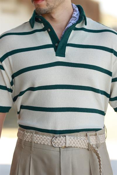 Premium Kalite Zümrüt Yeşili Şerit Detay %70 Pamuk %30 Keten Relax Fit Triko