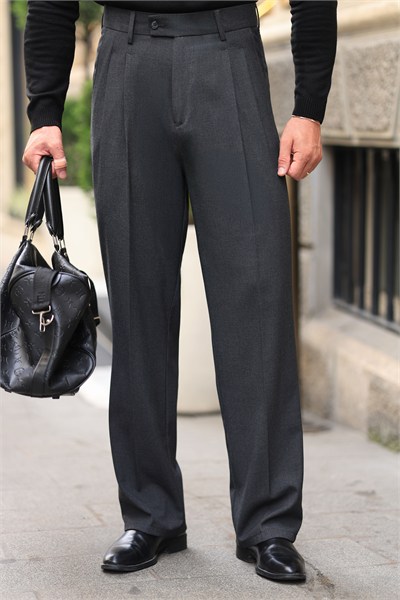 1.Kalite Antrasit Tek Düğme Detay Çift Pileli Casual  Baggy Pantolon
