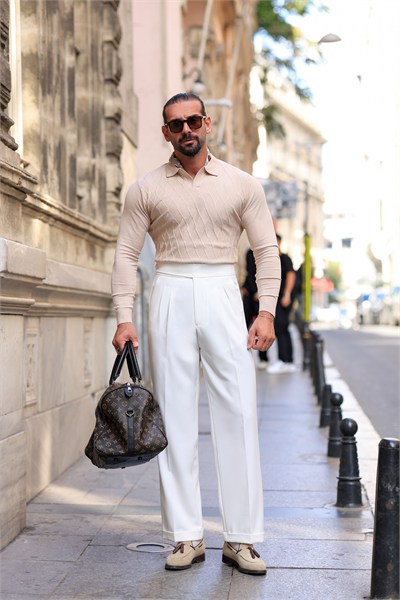 Premium Kalite Ekru Yandan Kemer Detay Double Paça Baggy Pantolon