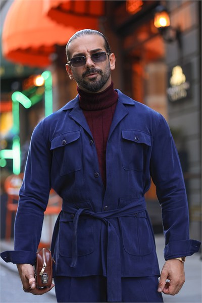 Premium Kalite Lacivert Oversize %100 Pamuk Tensel Kemer Detaylı Ceket