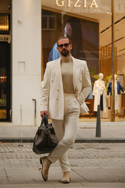 İtalyan Style&Oversize Ekru %100 Pamuk Kadife Kumaş Özel Tasarım Takım Elbise