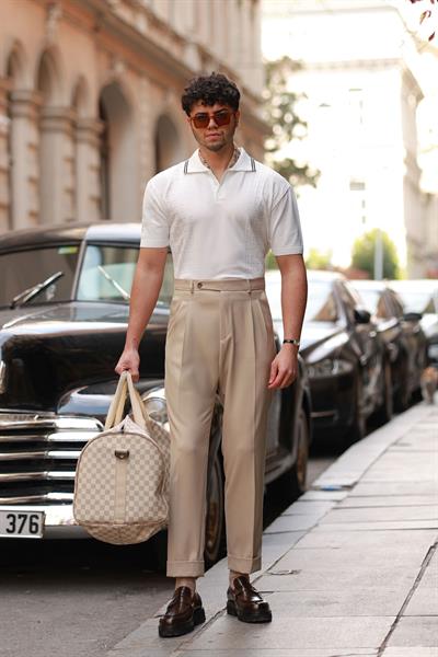 1. Kalite Bej İtalyan Style Çift Pileli Tek Düğme Detay Yüksek Bel Pantolon