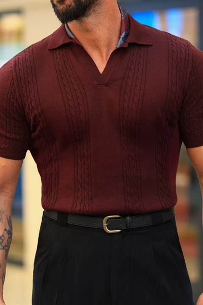 %100 Saf Pamuk Bordo Saç Örgü Desen Regular Fit Triko