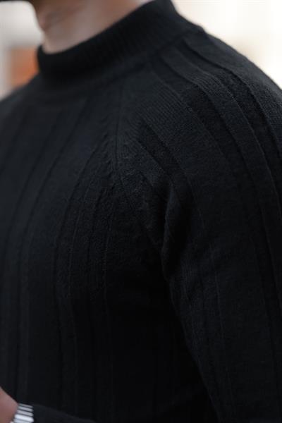 Premium Kalite Siyah %70 Pamuk %30 Yün Şerit Jakarlı Dokuma Triko