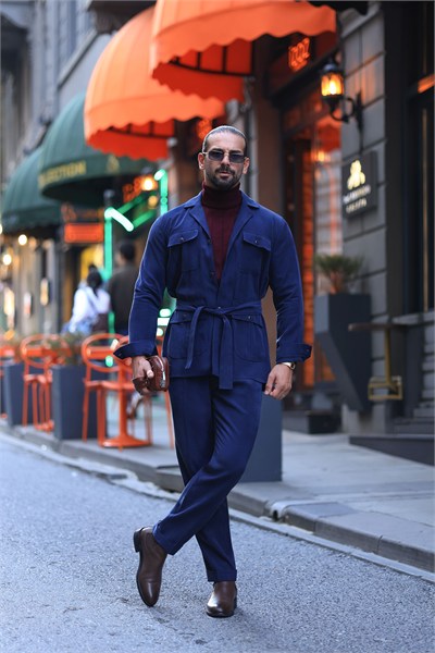 Premium Kalite Lacivert Oversize %100 Pamuk Tensel Kemer Detaylı Ceket