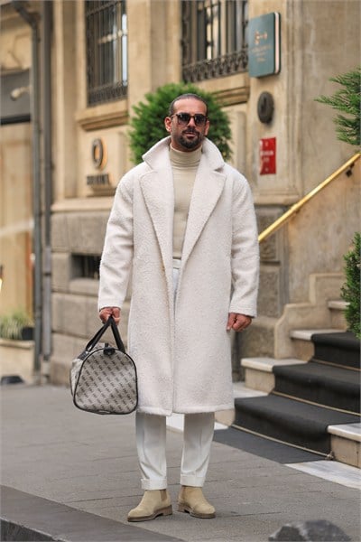 Premium Ekru %60 Yün %40 Pamuk Oversize Tek Düğme Detay Kaban
