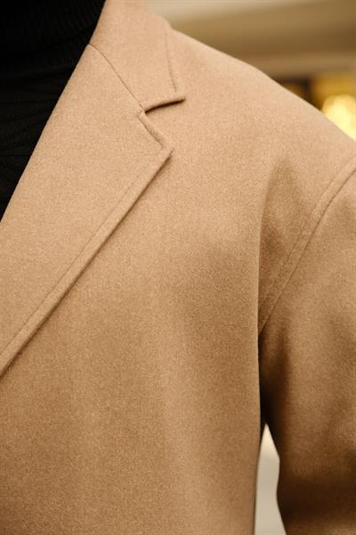 Premium Kalite Koyu Bej %90 Pamuk %10 Cashmere Oversize Kemer Detaylı Özel Tasarım Kaban