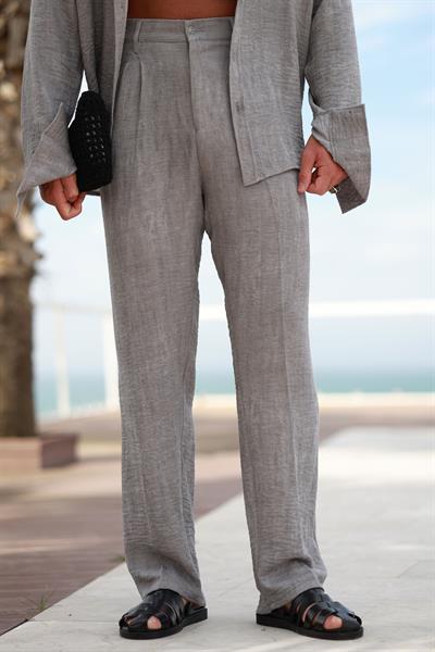 Premium Kalite Gri %70 Saf Keten %30 Pamuk Oversize Keten Takım