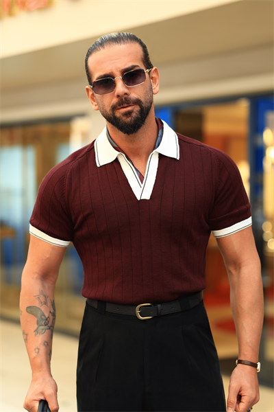 Premium Kalite %100 Pamuk Bordo  Dikey Şerit Kontrast Triko