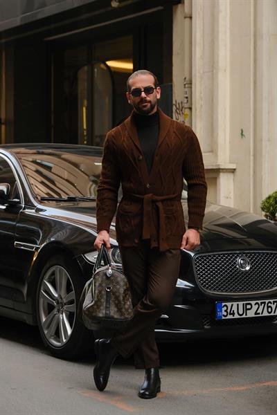 Premium Kalite Kahverengi Özel İtalyan Style Tasarım %70 Pamuk %30 Yün Kuşaklı Örme Ceket