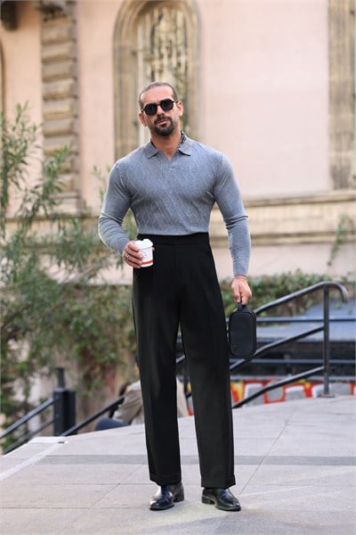 Premium Kalite Siyah Yandan Kemer Detay Double Paça Baggy Pantolon