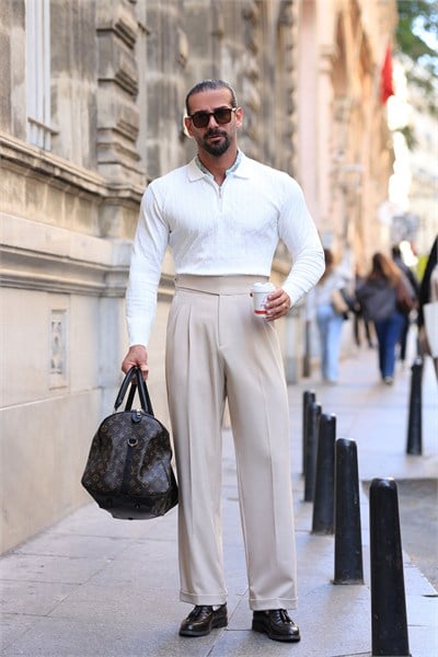Premium Kalite Bej Rengi Yandan Kemer Detay Double Paça Baggy Pantolon