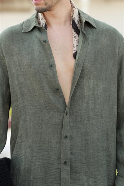 Premium Kalite Haki %70 Saf Keten %30 Pamuk Oversize Keten Gömlek