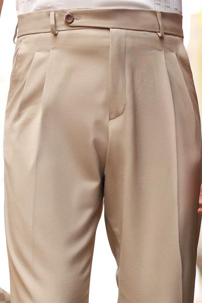 1. Kalite Bej İtalyan Style Çift Pileli Tek Düğme Detay Yüksek Bel Pantolon