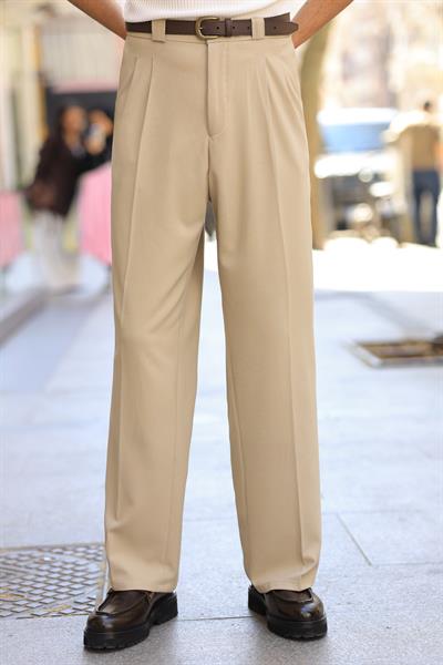 Premium Kalite Bej Çift Pileli Yüksek Bel Kalın Köprü Detay Baggy Fit Pantolon